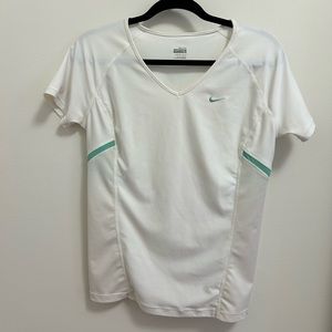 Nike Dri-Fit Womens White Teal Striped V Neck Short Sleeve Top Size L